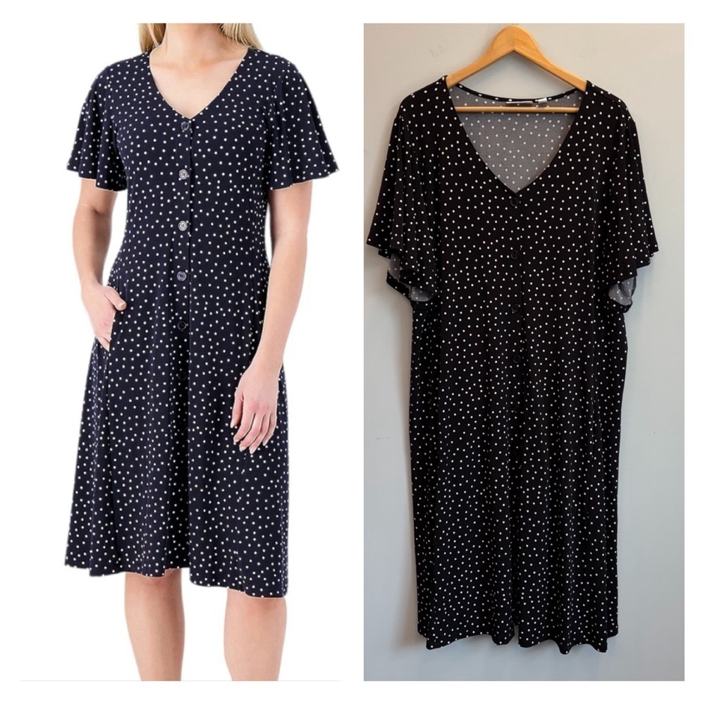 Susan Graver 3X Dress Black White Polka Dot Midiβ Short Sleeve Button Front